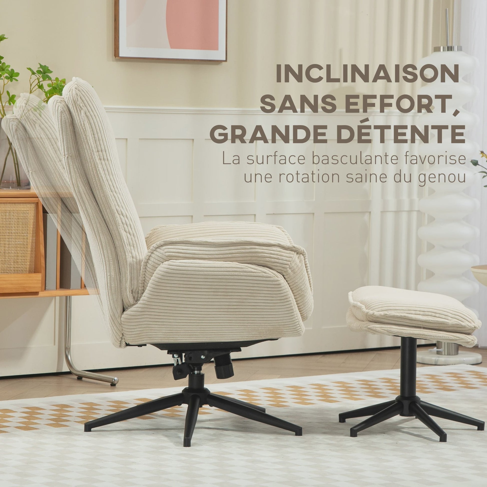 HOMCOM Armchair Living Room with Feet, Ribbed Velvet swivel chair, tilt back, seat and armrests padded, top back, Armchair for living room and bedroom, beige