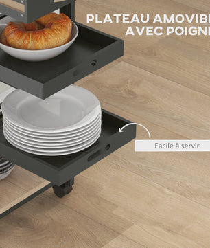HOMCOM Keuken Trolley met Wielen, 2 Verwijderbare Dienbladen en Lade - Licht Eiken & Zwart