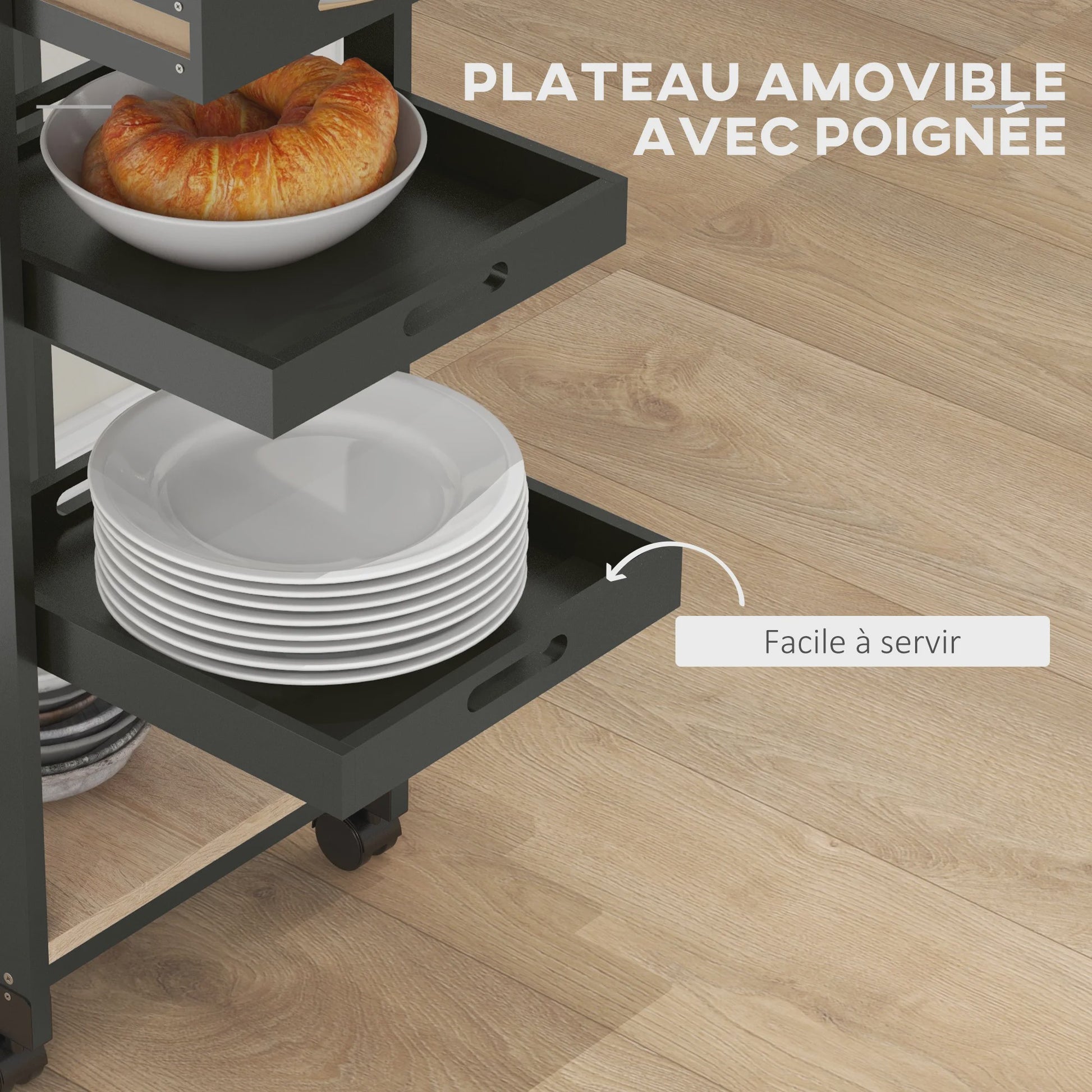 HOMCOM Keuken Trolley met Wielen, 2 Verwijderbare Dienbladen en Lade - Licht Eiken & Zwart