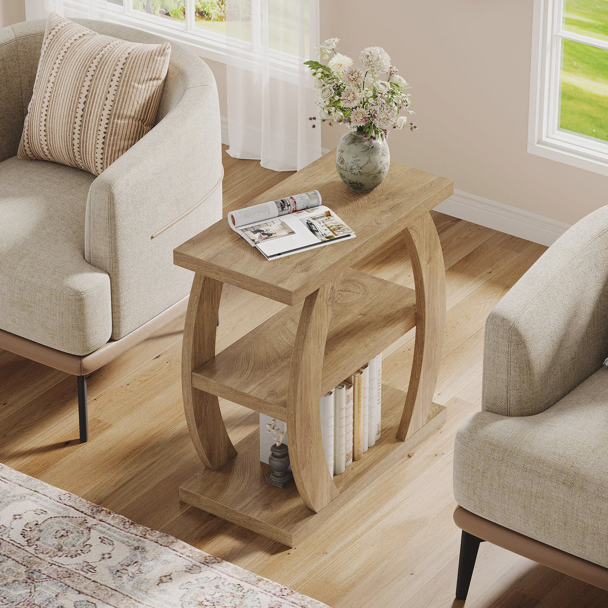 Houten Bijzettafel met 3 Niveaus en Geometrisch Frame - Natuurlijk Eiken