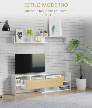 Moderne TV Meubel met Wandrek - 153.6 cm Breed - Wit met Houtdecor Front
