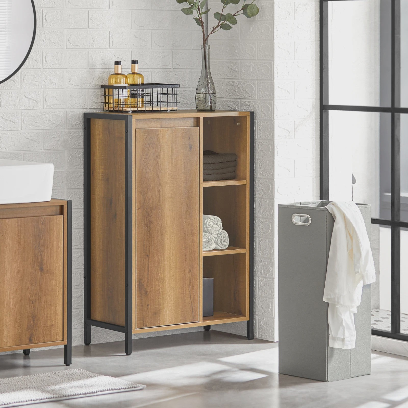 SoBuy BZR65-PF Wasgoedkast met Uitklapbare Waszakken - Badkamermeubel 60x90x30cm