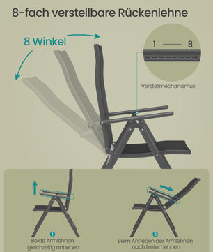Set van 2 inklapbare tuinstoelen met aluminium frame, 8-voudig verstelbare rugleuning en 150 kg belastbaarheid