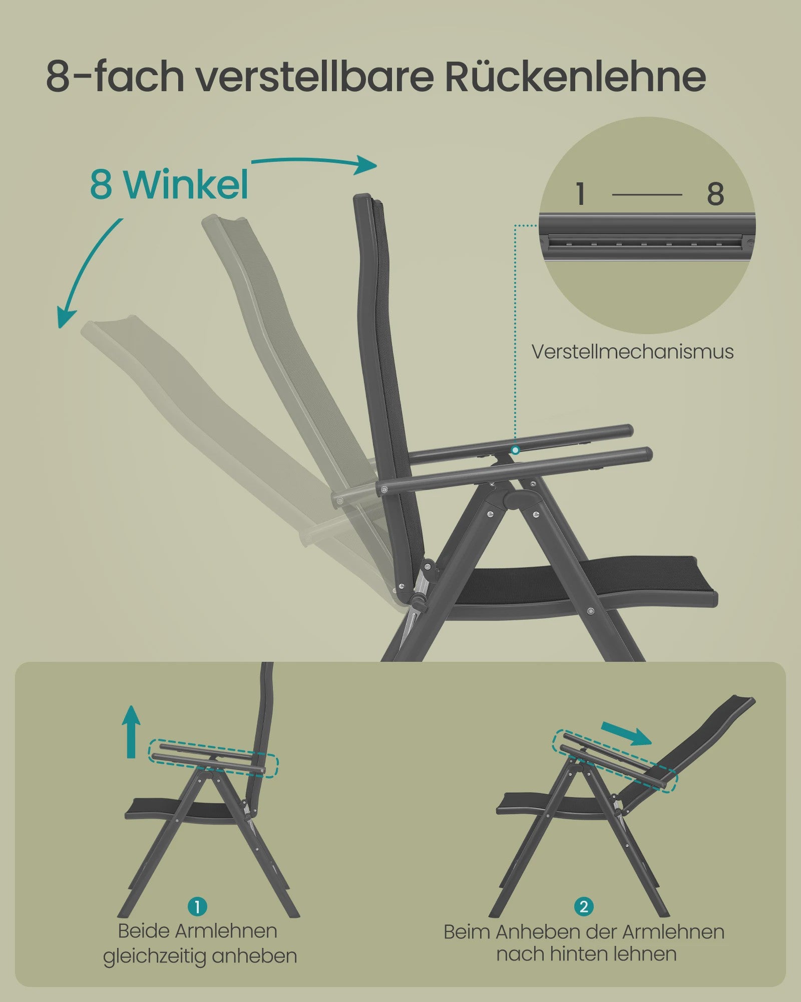 Set van 2 inklapbare tuinstoelen met aluminium frame, 8-voudig verstelbare rugleuning en 150 kg belastbaarheid