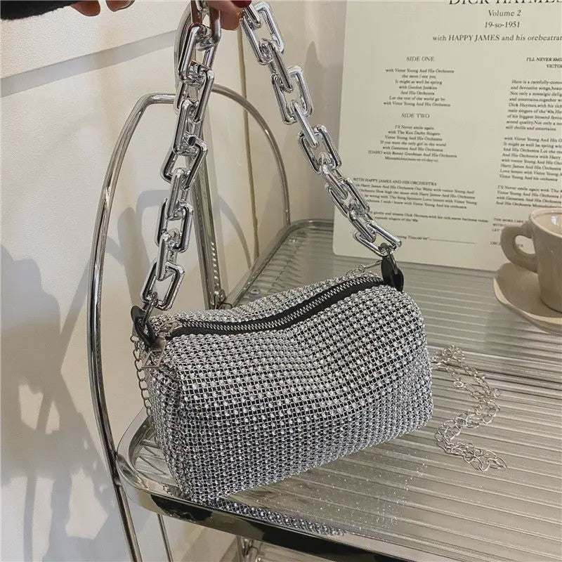 Glamoureuze Strass Bucket Bag met Glitter Ketting - Mini Crossbody Tasje
