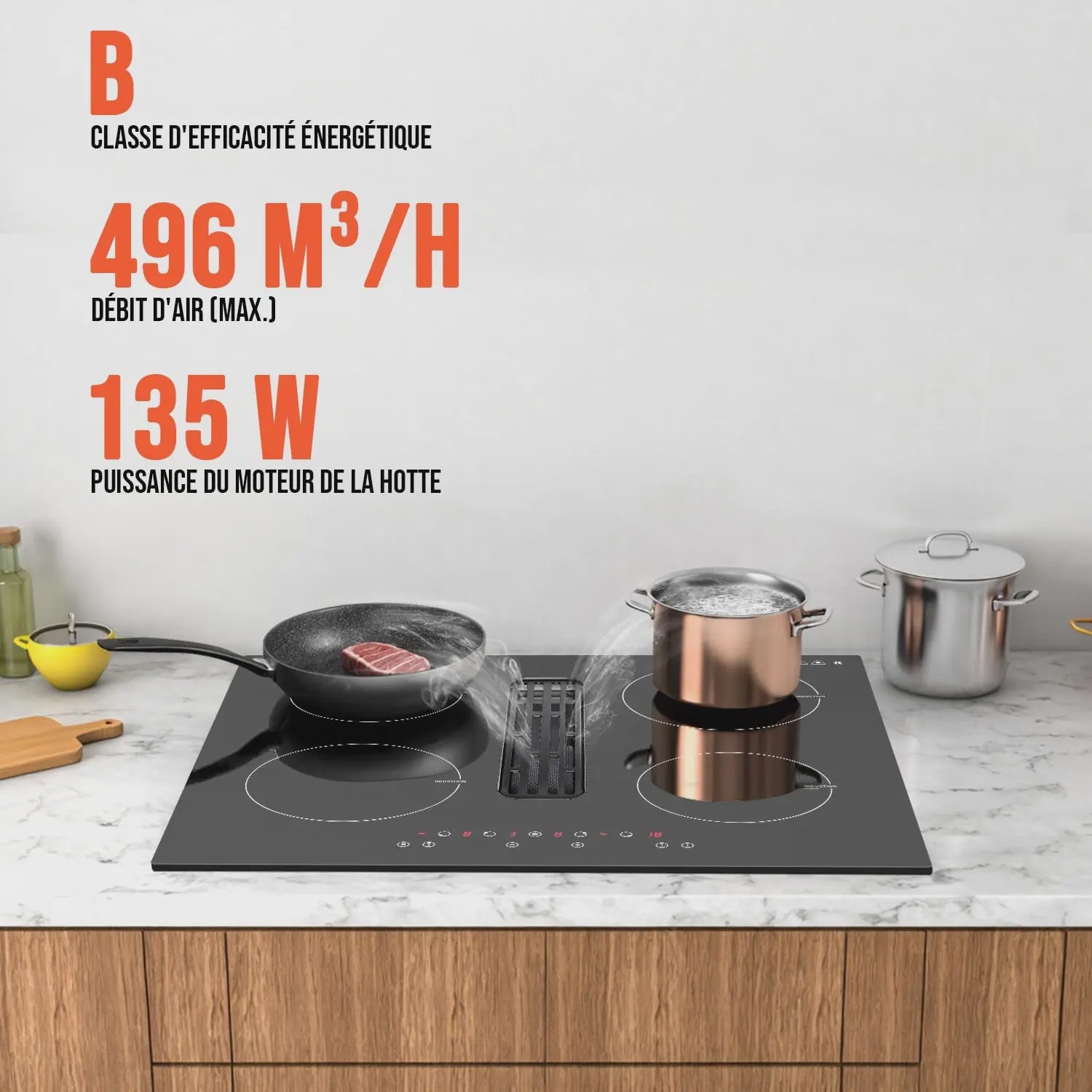 Karinear Inbouw Inductie Kookplaat met Afzuiging - 60cm, 6400W, 9 standen, Timer & Boost