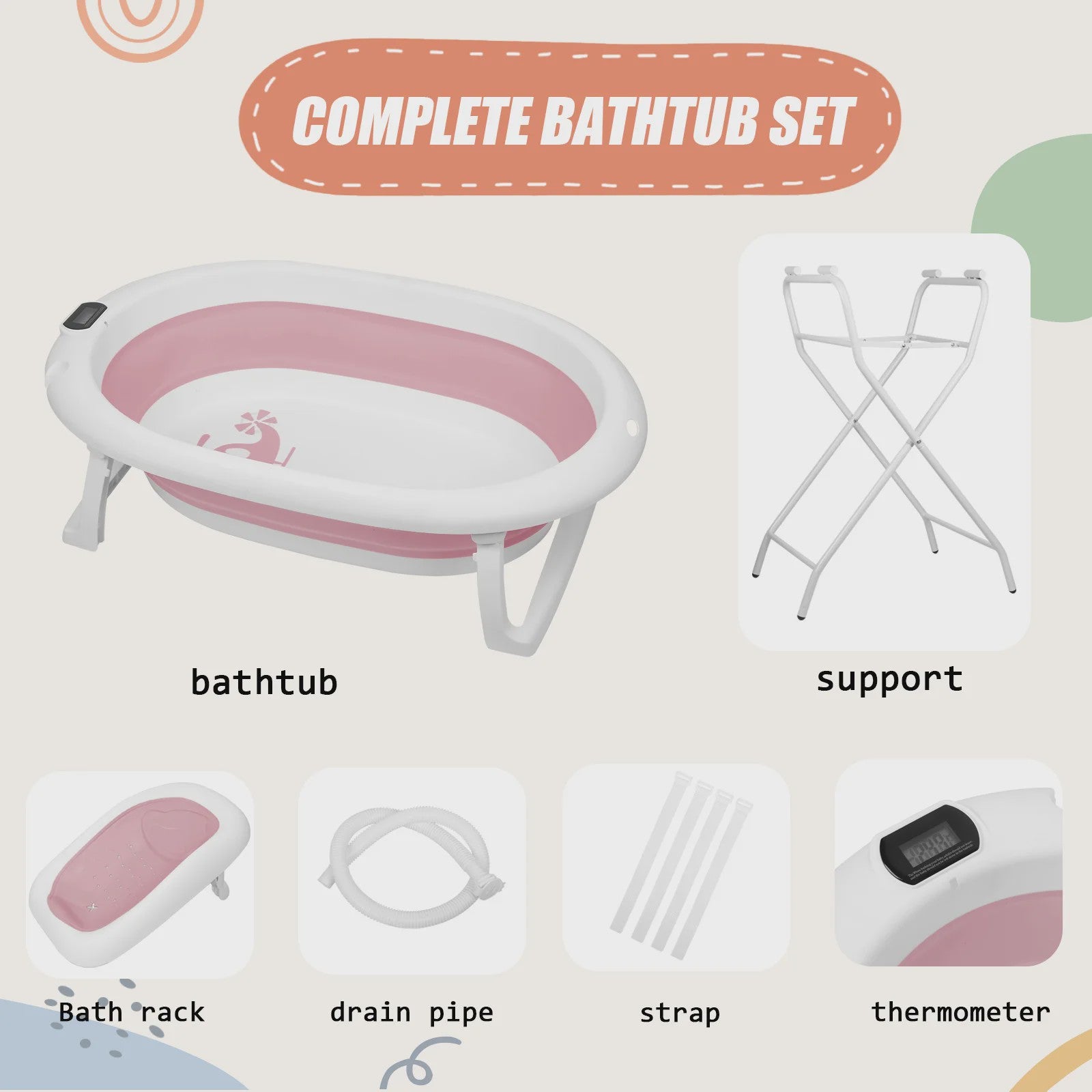 Opvouwbaar Babybadje met Ergonomisch Zitje, Thermometer & Ondersteuning (0-18 mnd) - Grijs/Blauw/Roze