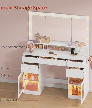 WOLTU Kaptafel met 3-delige spiegel, 10 LED-lampjes en laadstation - Ideaal voor de slaapkamer