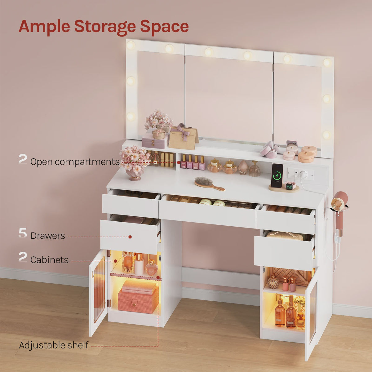 WOLTU Kaptafel met 3-delige spiegel, 10 LED-lampjes en laadstation - Ideaal voor de slaapkamer