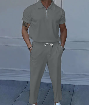 Zomer Heren Pak: Casual Short Sleeve Polo met Rits en Comfortabele Broek