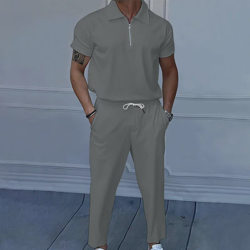 Zomer Heren Pak: Casual Short Sleeve Polo met Rits en Comfortabele Broek