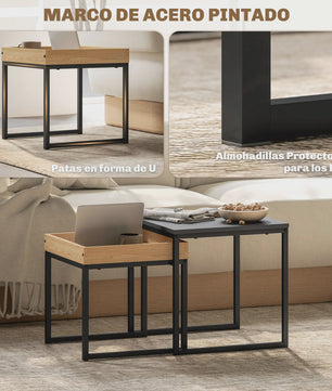 Set van 2 Nidos bijzettafels: Zwart Stalen Frame met Eikenhout Look - Stijlvol en Functioneel