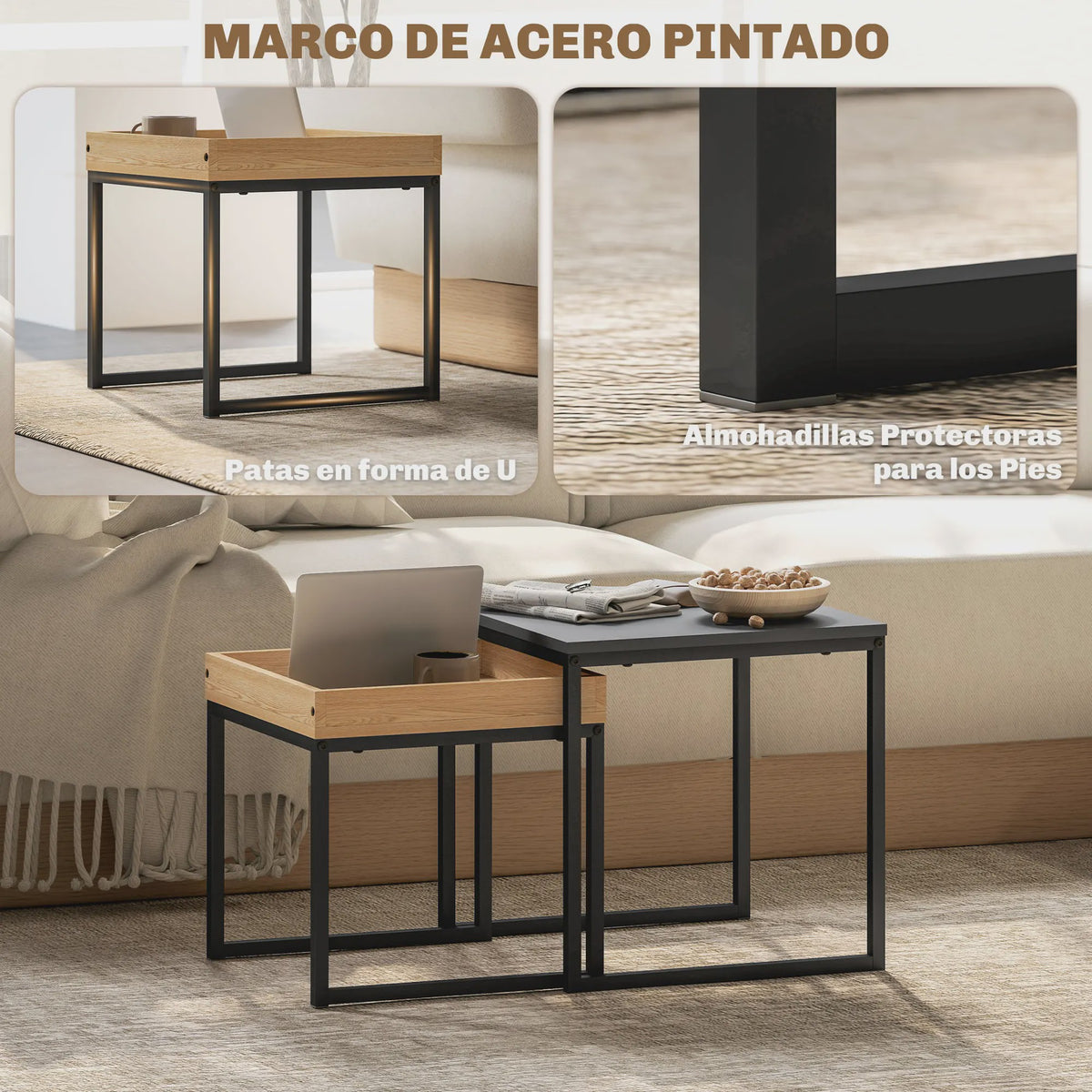 Set van 2 Nidos bijzettafels: Zwart Stalen Frame met Eikenhout Look - Stijlvol en Functioneel