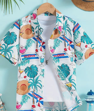Kinder Hawaii Blouse Korte Mouw met Palmbomen Print - Perfect voor Vakantie en Buitenplezier