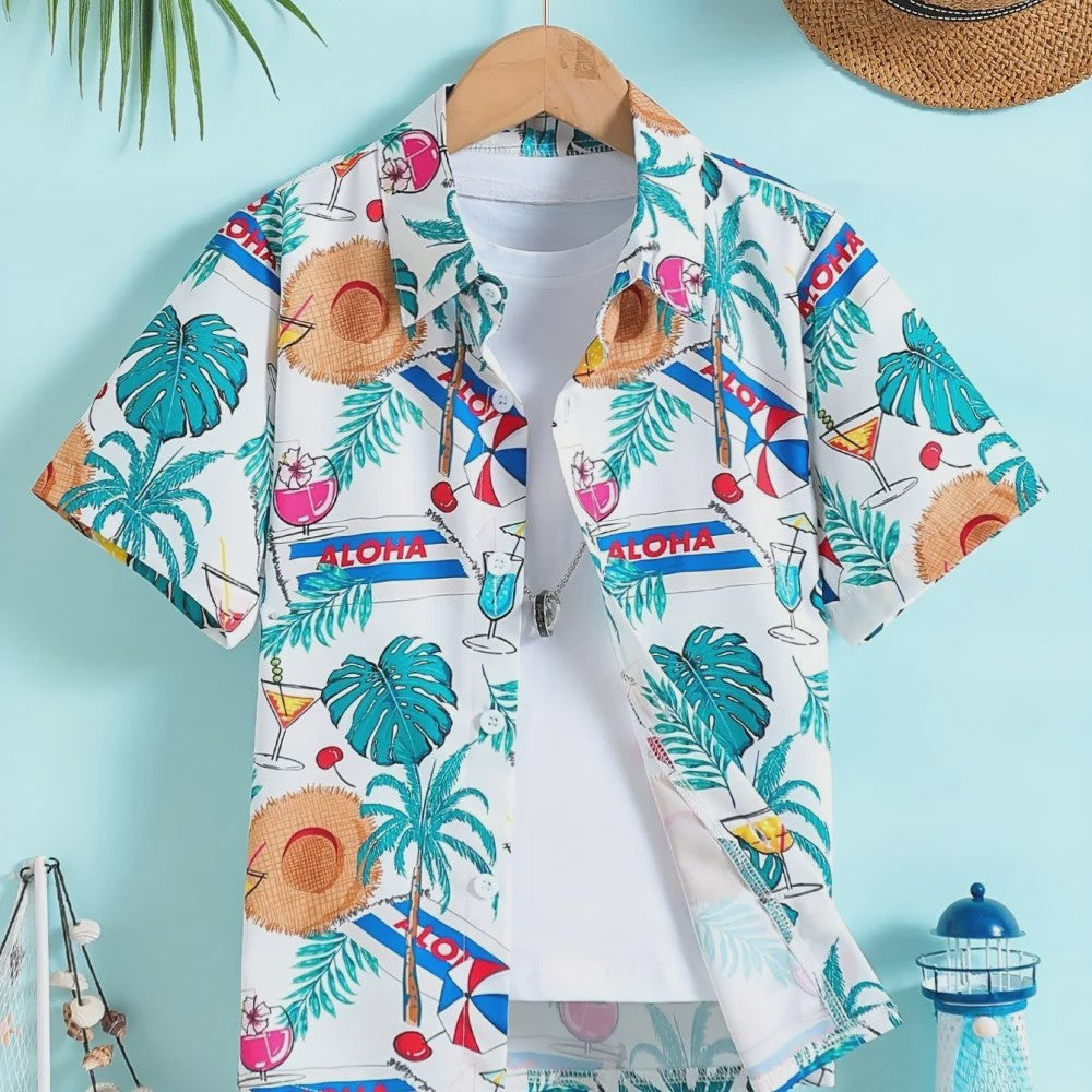 Kinder Hawaii Blouse Korte Mouw met Palmbomen Print - Perfect voor Vakantie en Buitenplezier