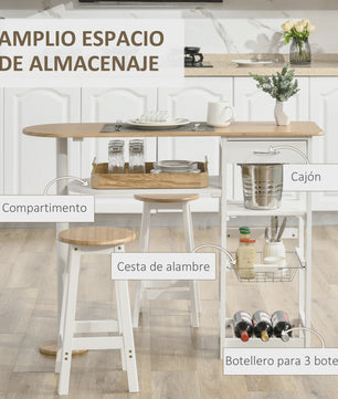 Bartafel Set met 2 Krukjes, Lade, Planken, Mand en Flessenrek - Wit