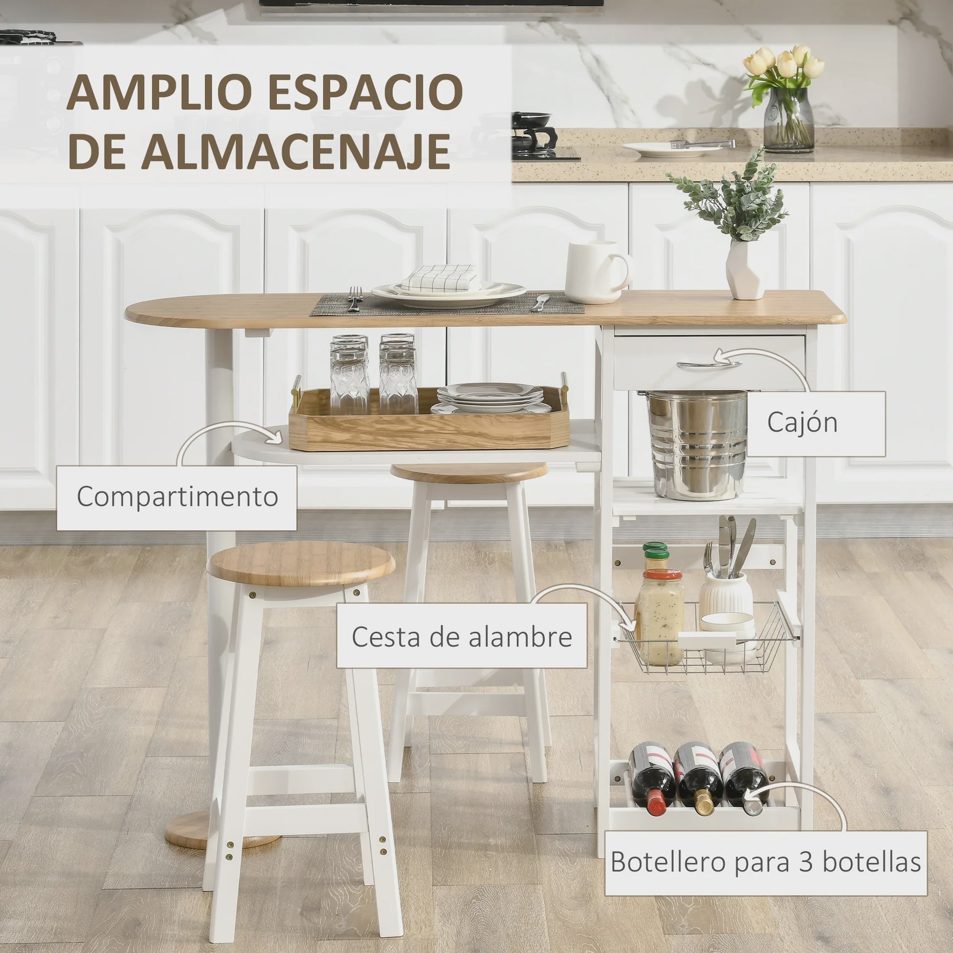 Bartafel Set met 2 Krukjes, Lade, Planken, Mand en Flessenrek - Wit