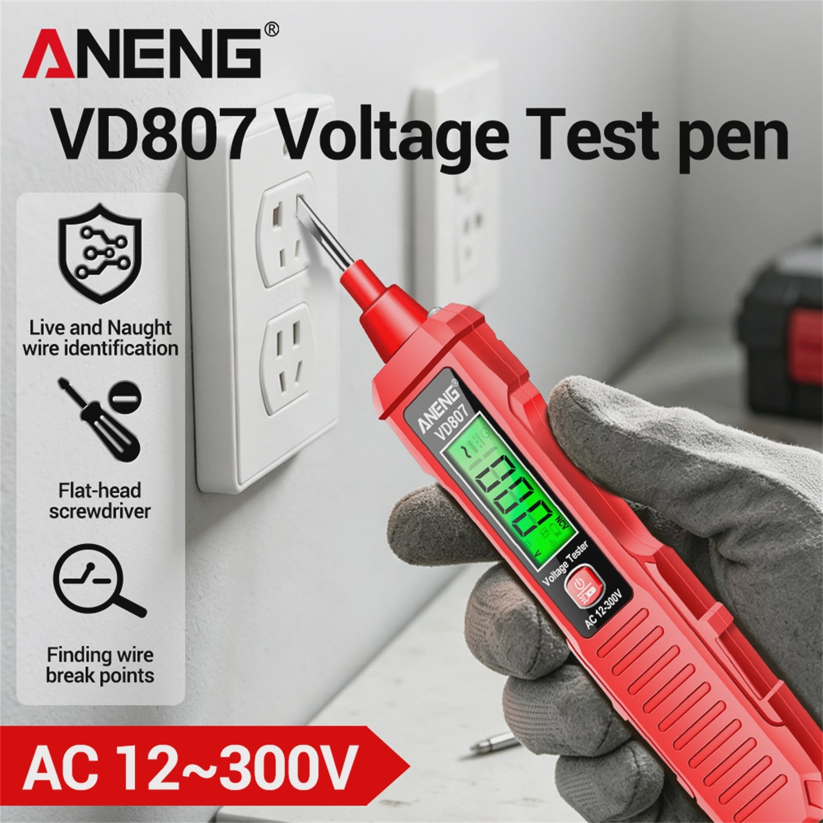ANENG VD807 Spanningsmeter Pen: 12-300V AC, Contact/Non-Contact Nul/Fase Detector met LED Zaklamp