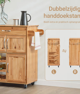 SoBuy FKW45 Keukentrolley met Werkblad - Massief Hout, Serveerwagen met Wielen - 75x86x38cm