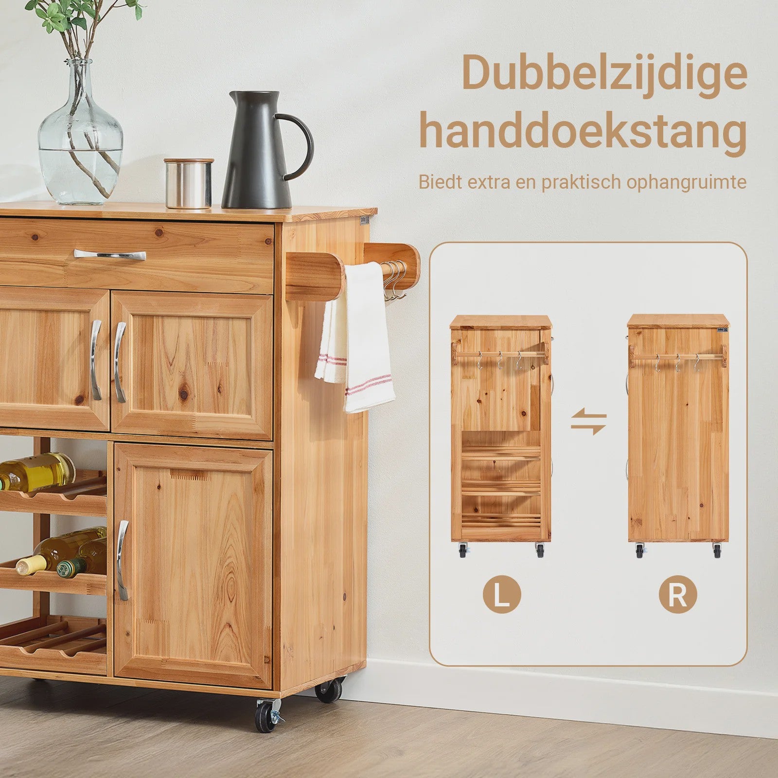 SoBuy FKW45 Keukentrolley met Werkblad - Massief Hout, Serveerwagen met Wielen - 75x86x38cm
