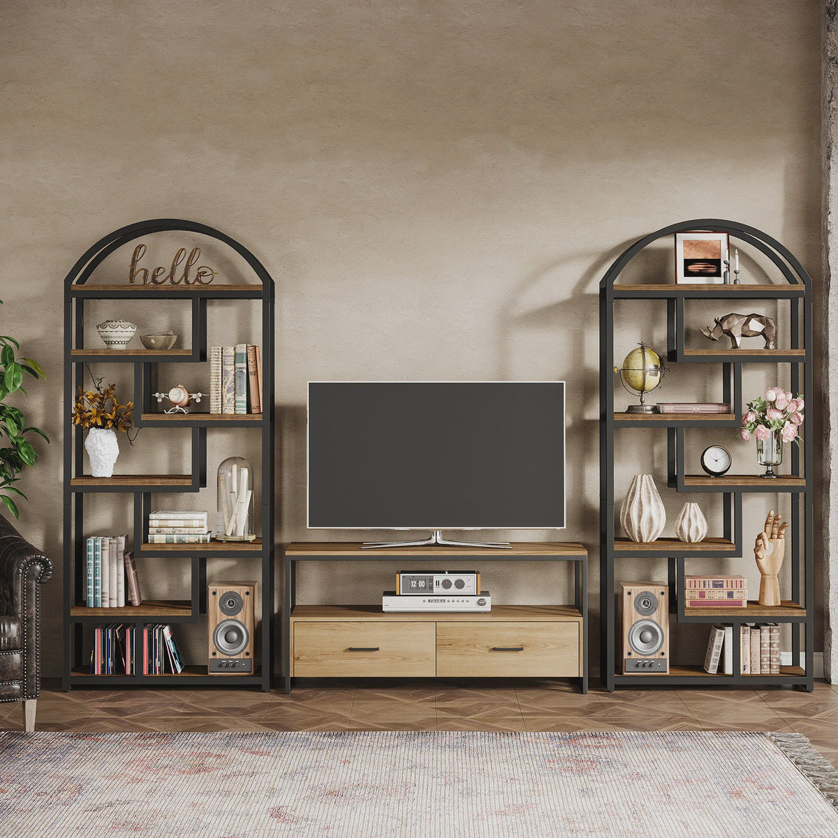 Industriële Boekenkast 71 inch Hoog met Boogvormig Design en Open Vakken - Stijlvolle Opbergoplossing