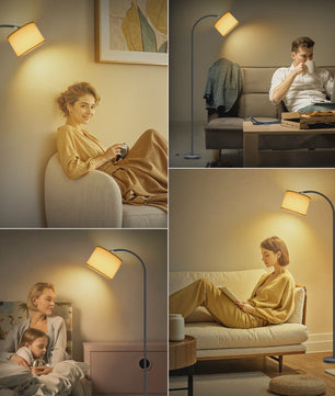 Verstelbare Boog Vloerlamp met Linnen Kap - 12W Warm Wit Licht