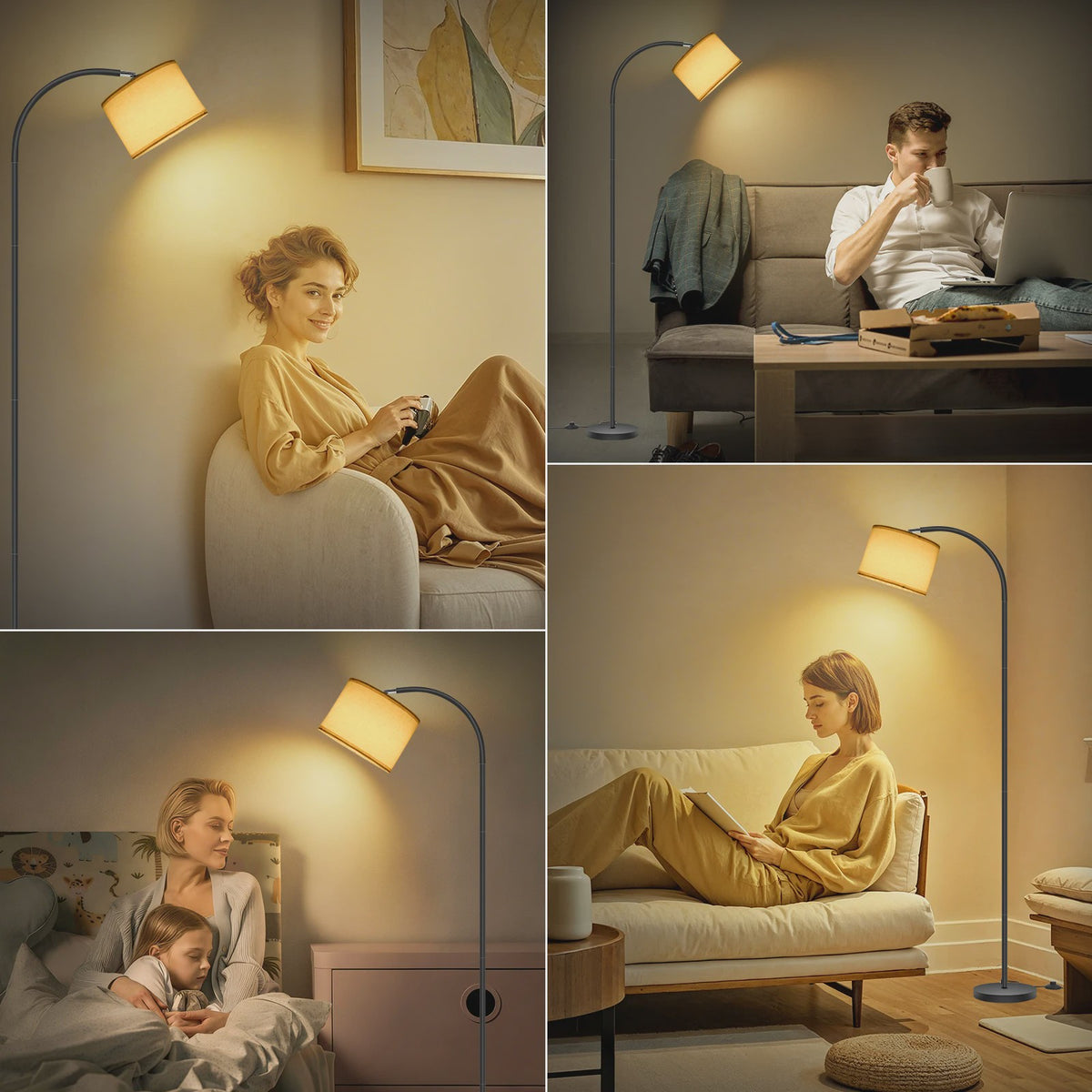 Verstelbare Boog Vloerlamp met Linnen Kap - 12W Warm Wit Licht