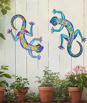 Kleurrijke Metalen Muurdecoratie Gecko - Levendige Hagedis Sculptuur voor Binnen & Buiten