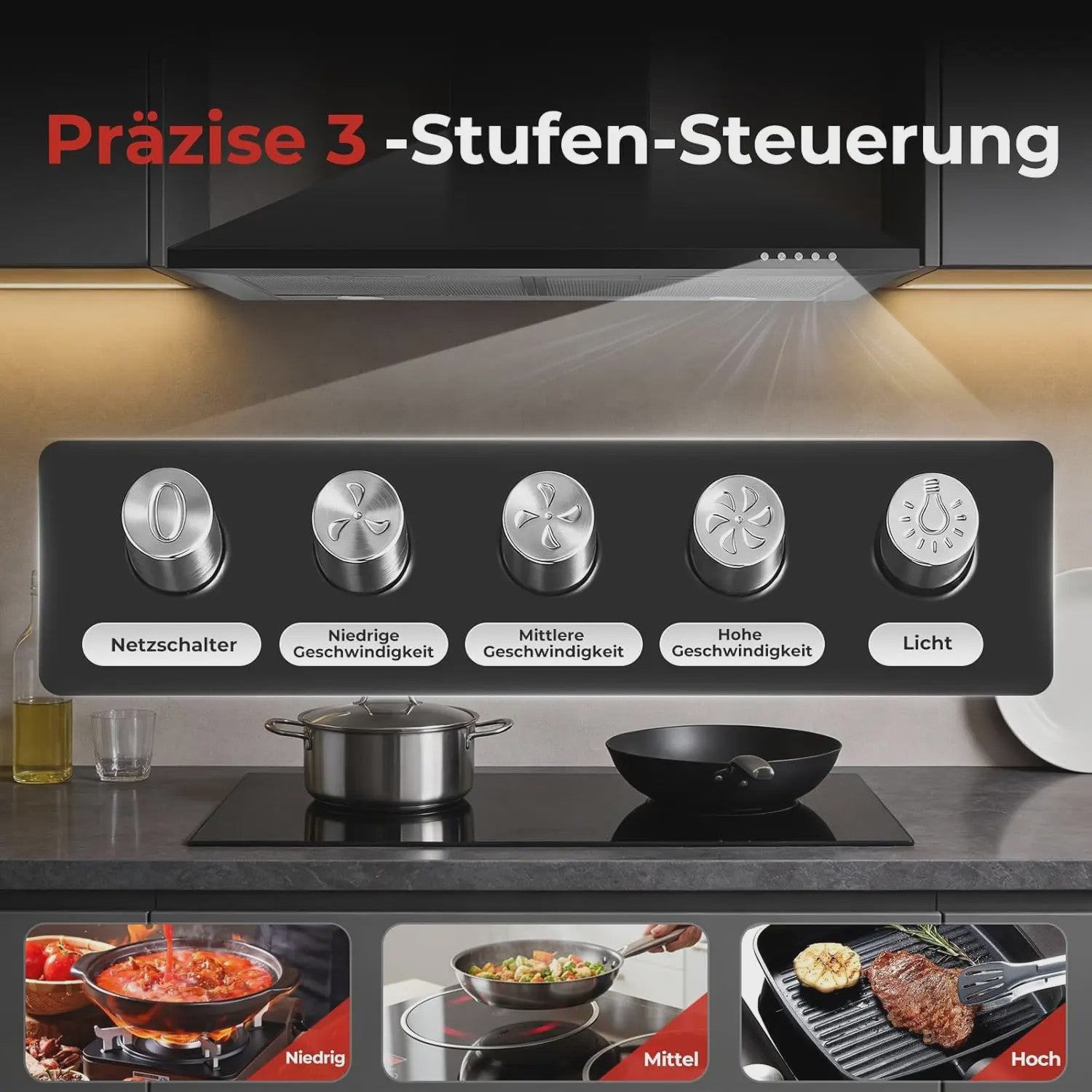 60cm Zwarte RVS Afzuigkap met 400 m³/h, A+++ Energieklasse en LED Verlichting
