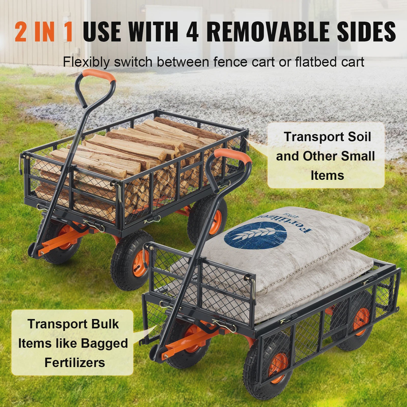 Robuuste Metalen Tuinwagen met 400/880lbs Capaciteit - Veelzijdige Transportkar