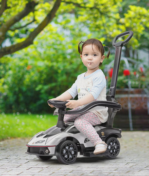 3-in-1 Kinder Loopauto met Duwstang, Stuur en Claxon - Wit