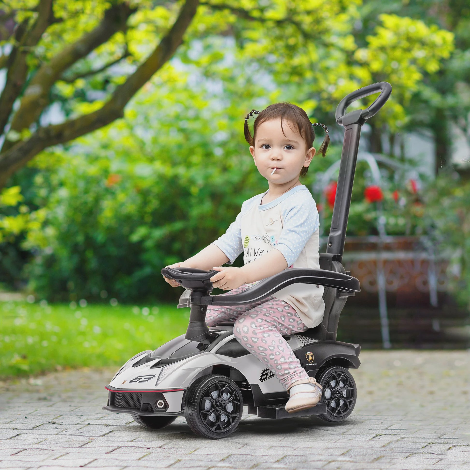 3-in-1 Kinder Loopauto met Duwstang, Stuur en Claxon - Wit