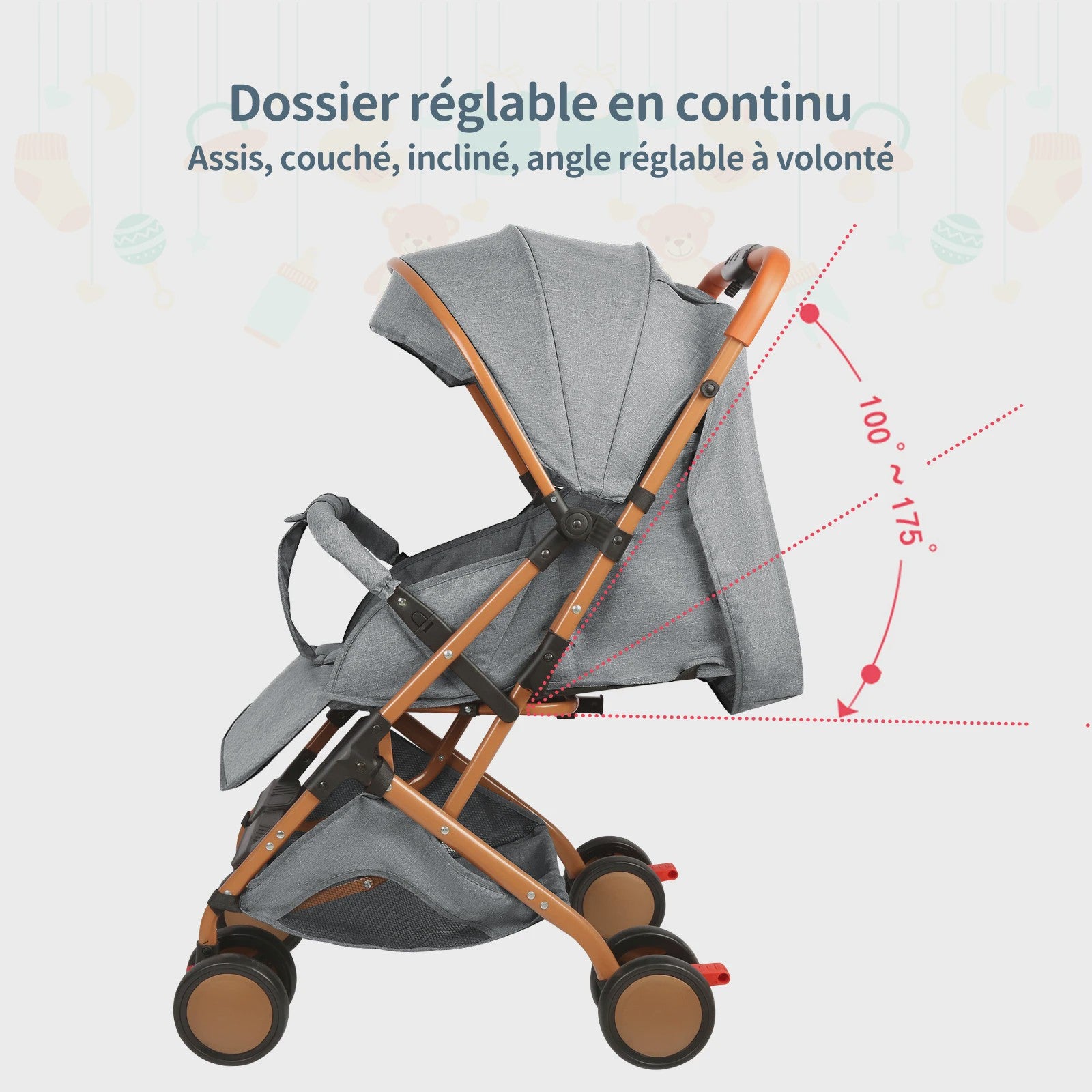 Draagbare Baby Kinderwagen met Muggennet, Opbergmand & 4 Wielen