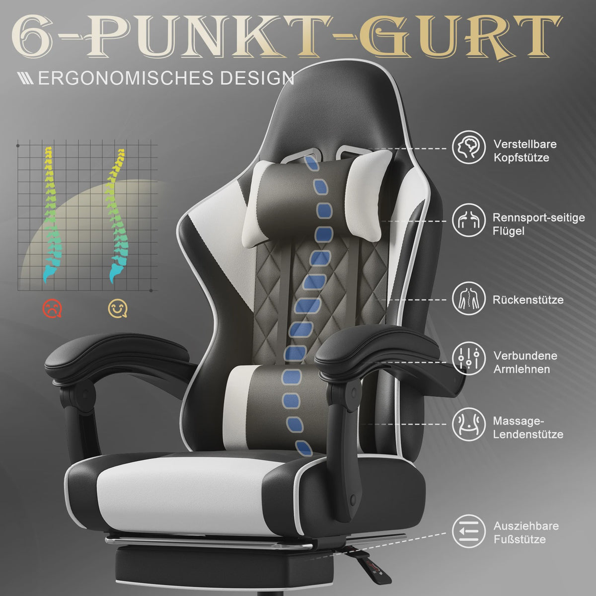 Ergonomische Gaming Stoel In Hoogte Verstelbaar met Massage Lendesteun en Voetensteun