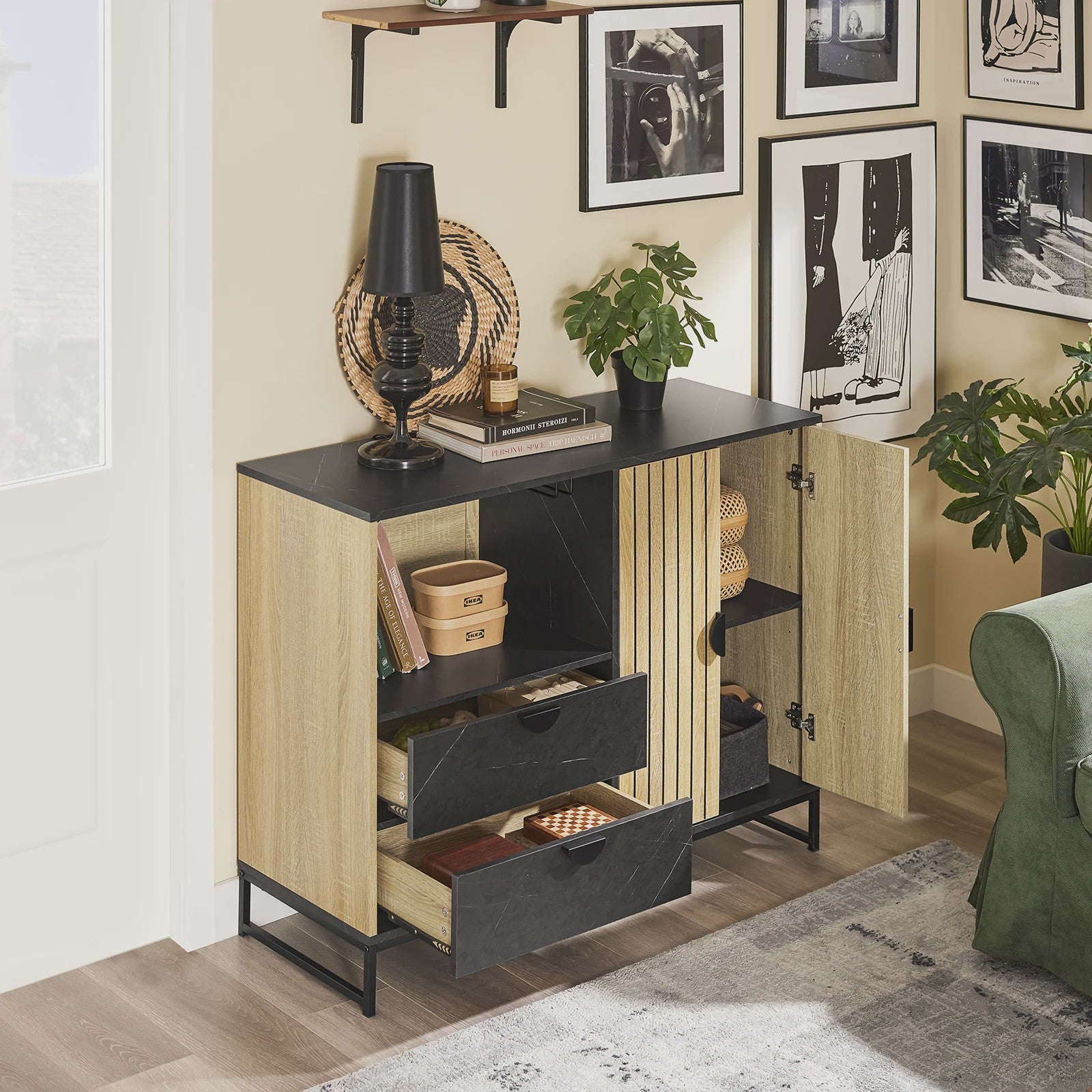 SoBuy Keuken Dressoir met Magnetronnis en Deuren - Eiken/Zwart 107x40x85cm