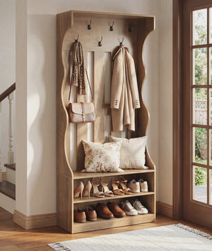 3-in-1 Halmeubel met Schoenenbank en Kapstok - Boerderijstijl Entree Organizer - 180cm Hoog - Bruin