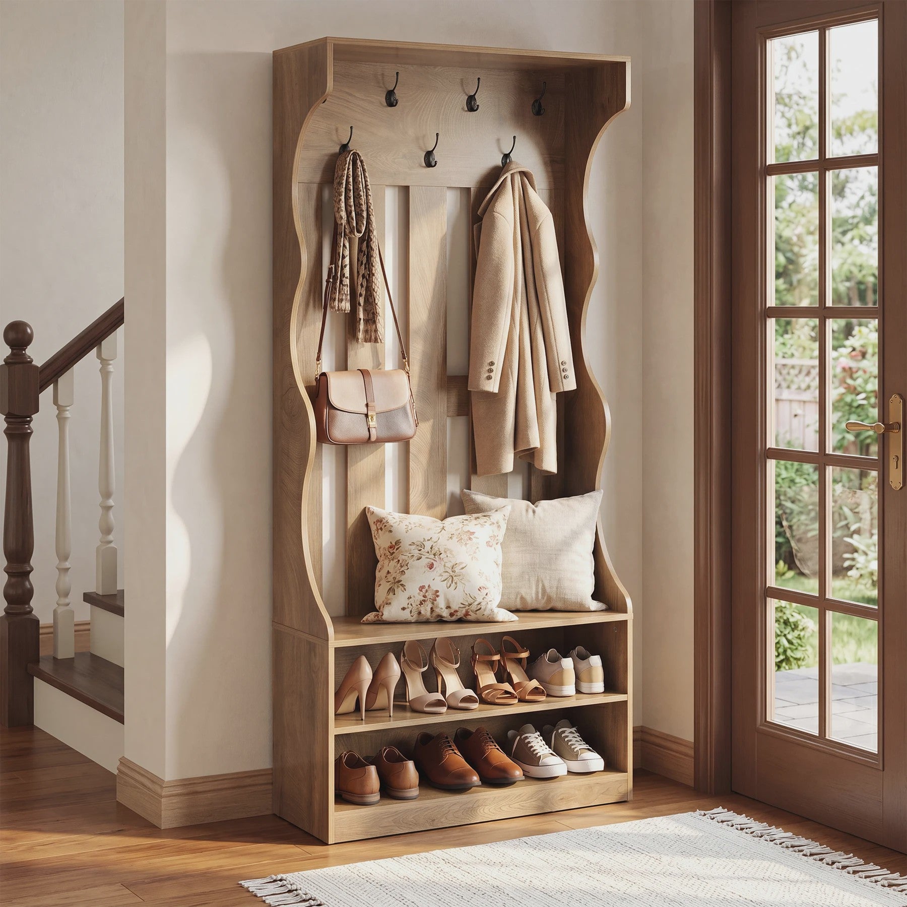 3-in-1 Halmeubel met Schoenenbank en Kapstok - Boerderijstijl Entree Organizer - 180cm Hoog - Bruin