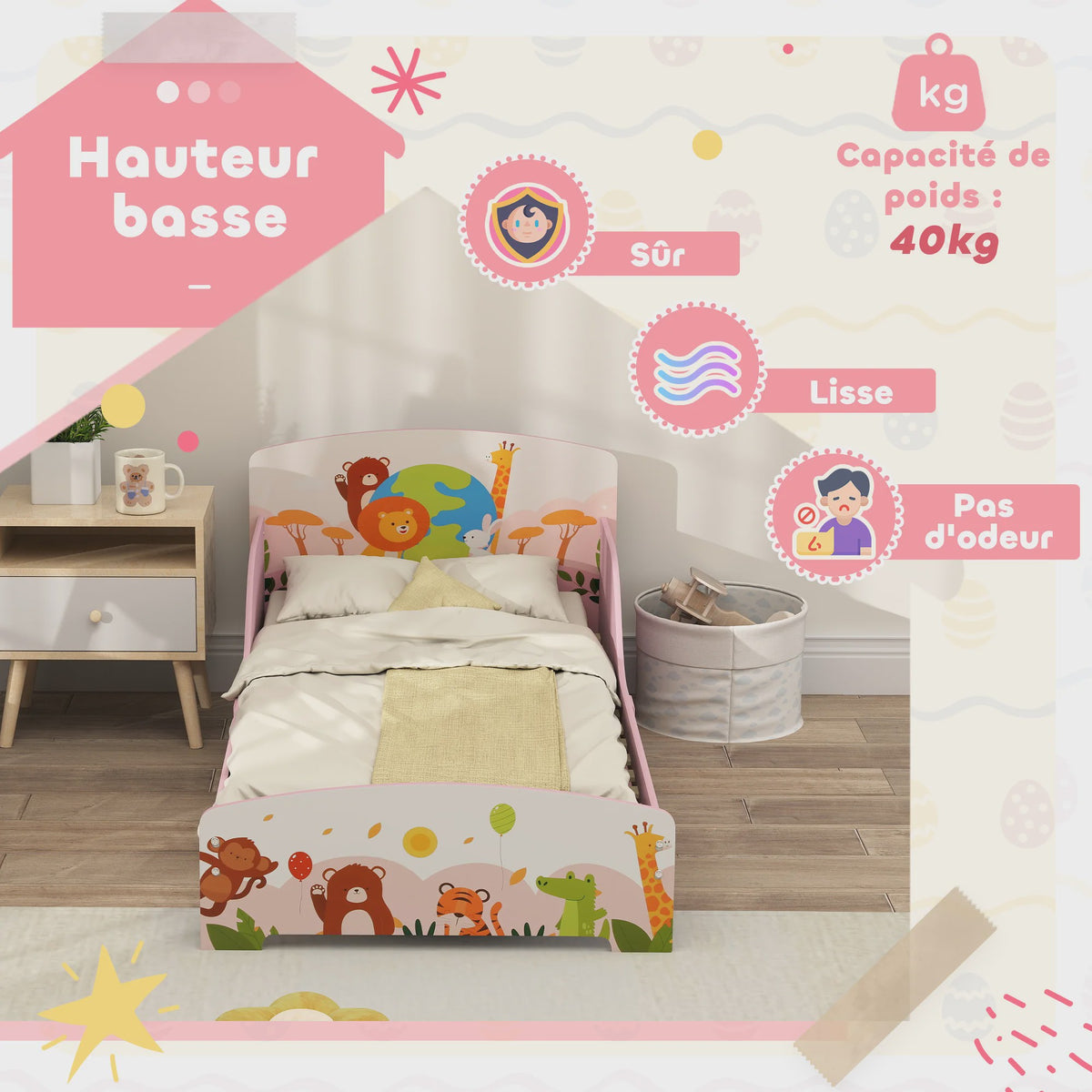 AIYAPLAY Kinder Vloerbed met Dierenprint - 140x70 cm - Inclusief Beschermpanelen & Lattenbodem