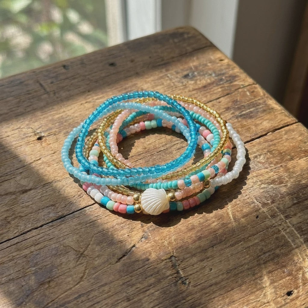17-delige Boho Kralen Armband Set met Schelpjes - Pastel Kleuren voor Zomer & Strand