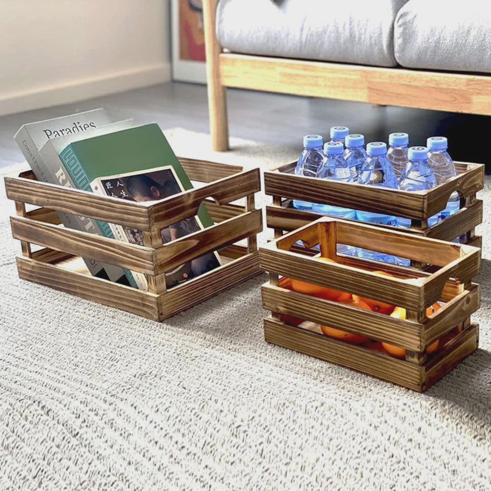 Set van 3 Rustieke Houten Opbergkratten - Nestbaar, Met Handvat