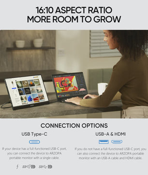 ARZOPA 16" 2K Draagbare Monitor - IPS Scherm, 16:10, Type-C & Mini HDMI