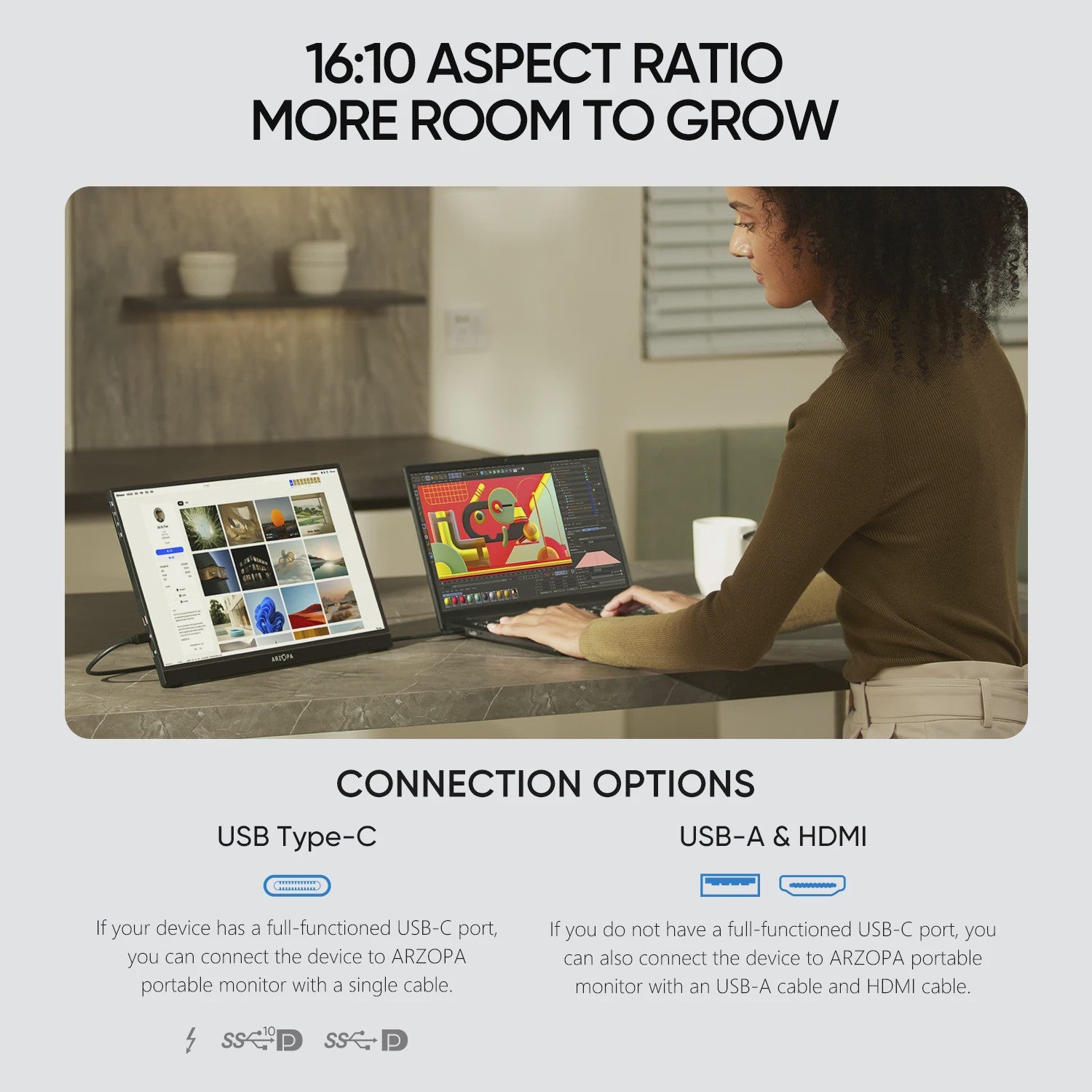 ARZOPA 16" 2K Draagbare Monitor - IPS Scherm, 16:10, Type-C & Mini HDMI