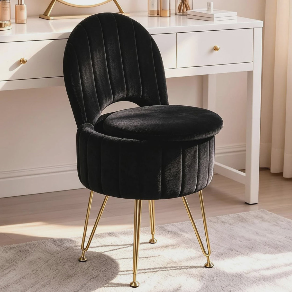 Luxe Fauteuil met Opbergruimte en Pluche Bekleding - Kaptafel Stoel