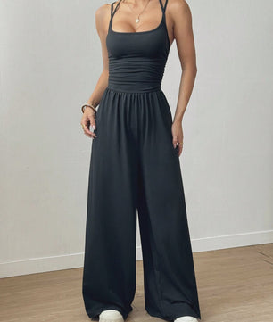 Dames Jumpsuit met Wijde Pijpen en Plissédetaillering - Casual Zomer & Lente