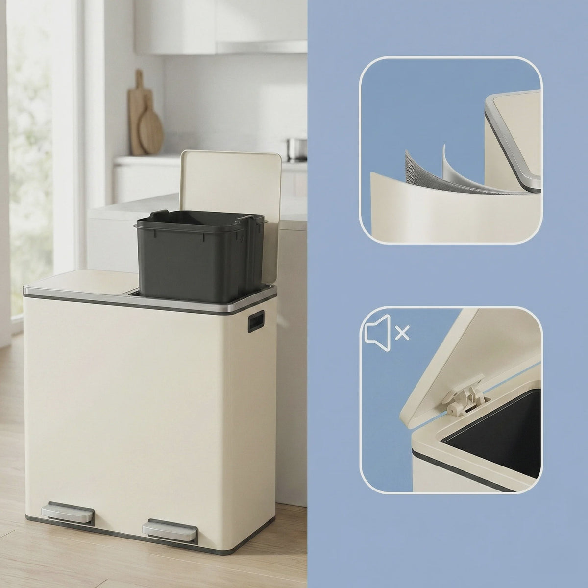 Songmics Dubbele Pedaalemmer 2x30L - Metalen Afvalbak met 2 Compartimenten