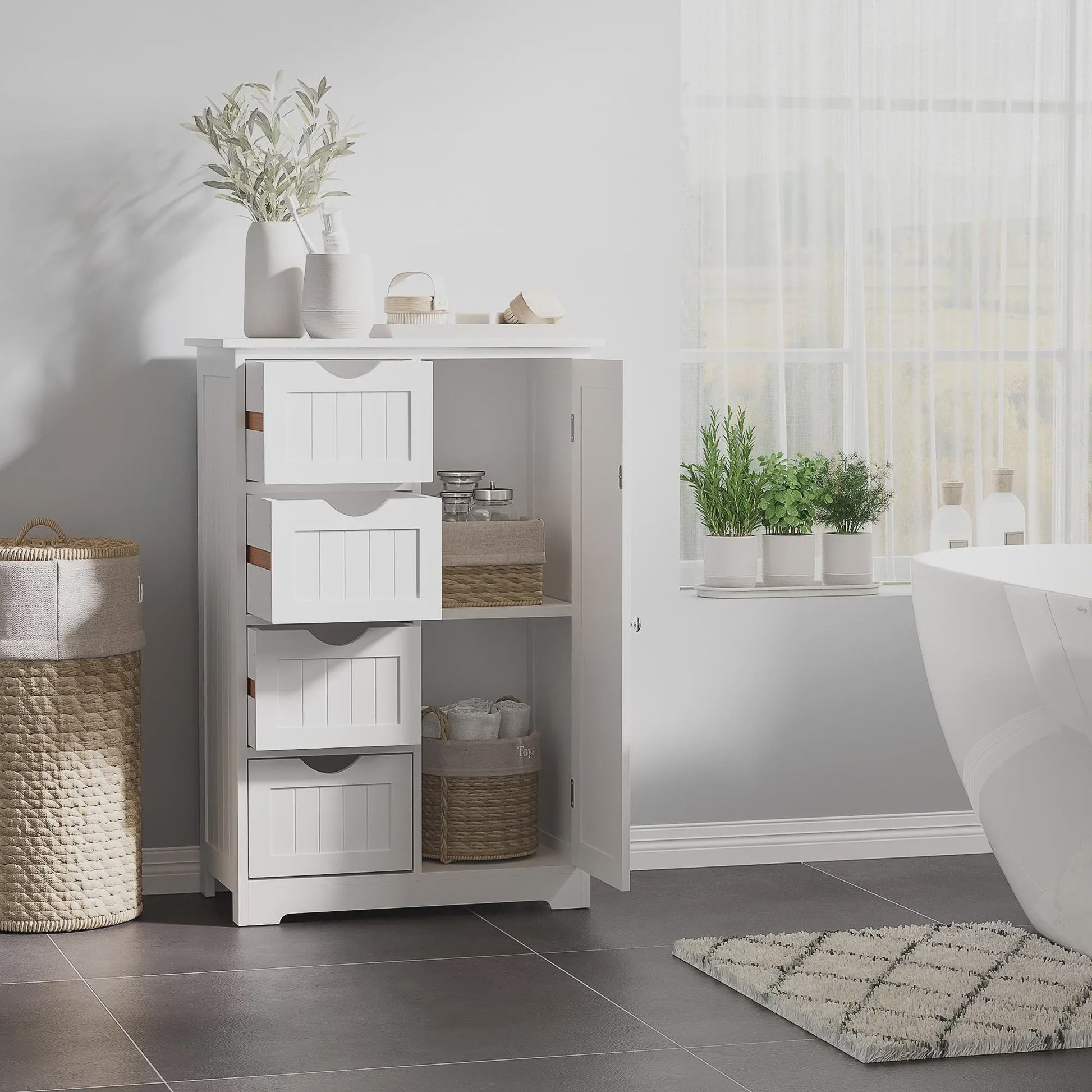 Witte Badkamerkast 56x30x83cm met 4 Lades, Plank en Anti-Tip Mechanisme