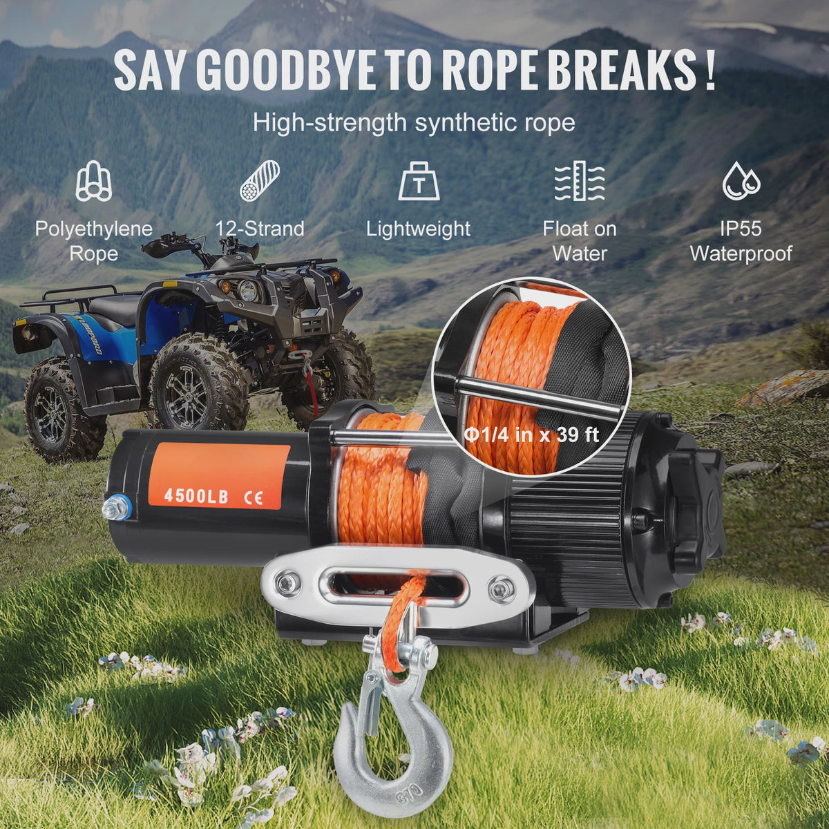 Elektrische Lier 4500lbs voor ATV/UTV met Synthetisch Touw, Draadloze & Bedrade Afstandsbediening, IP55 Waterdicht