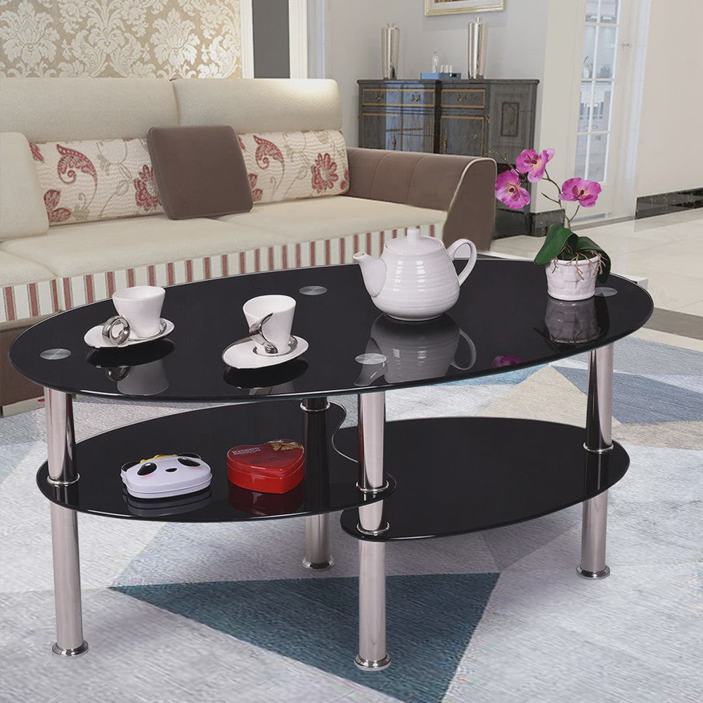 Ovale Glazen Koffietafel met 2 Niveaus - 90x50x45cm - Stijlvol en Modern