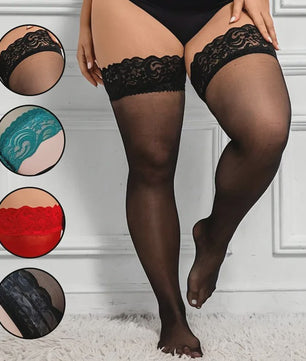 Ultra Dunne Kant Kousen tot Boven de Knie voor Plus Size Dames - Zwart & Wit