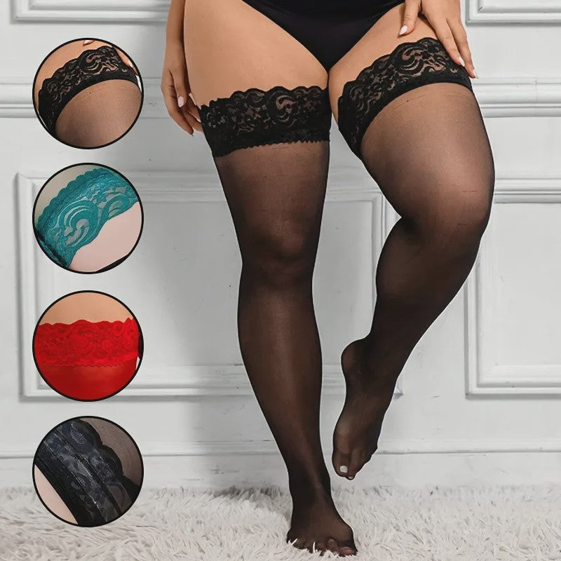 Ultra Dunne Kant Kousen tot Boven de Knie voor Plus Size Dames - Zwart & Wit